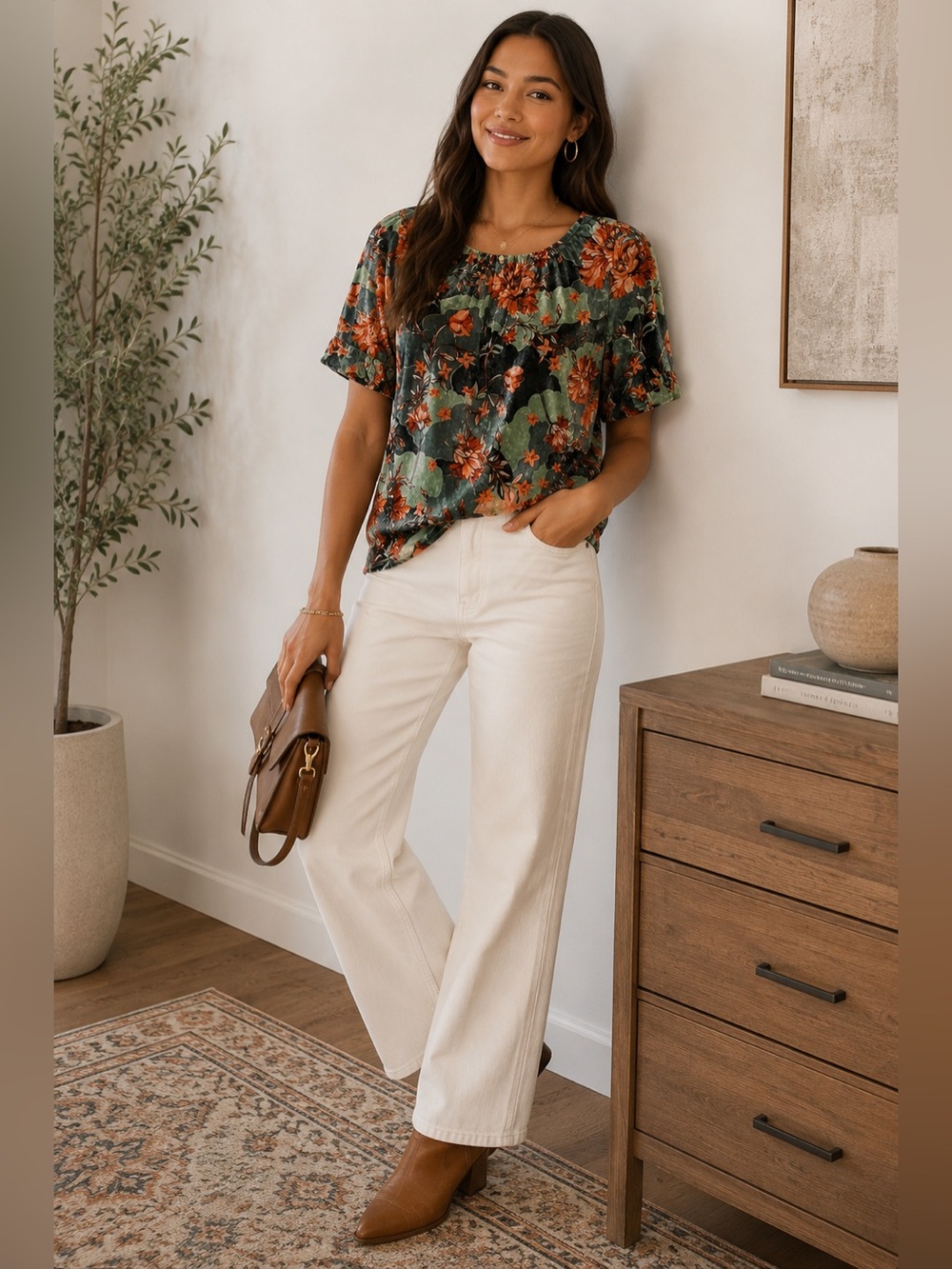 Voy Velvet Floral Top Green Orange Burnout Short Sleeve Blouse NWT
